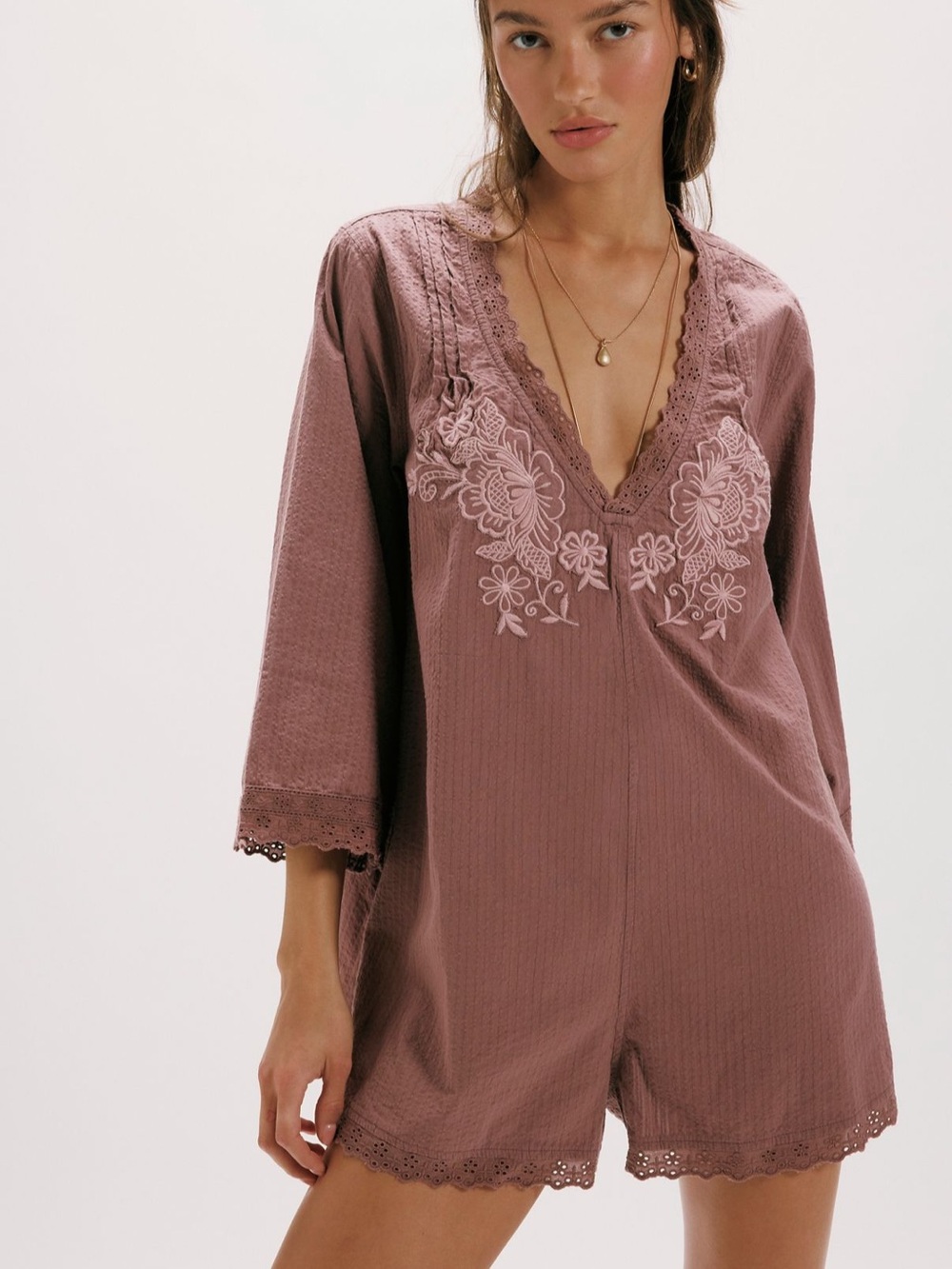 Free People Cawley Embroidered Romper Elderberry Tea